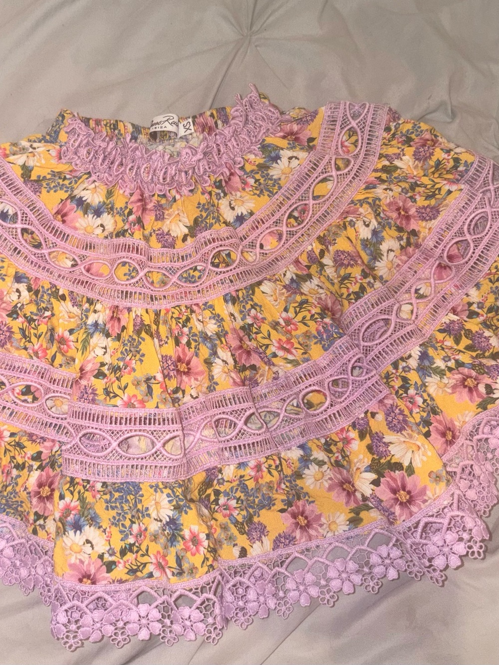 Charo Ruiz Yellow Floral Mini Skirt with Lavender Lace